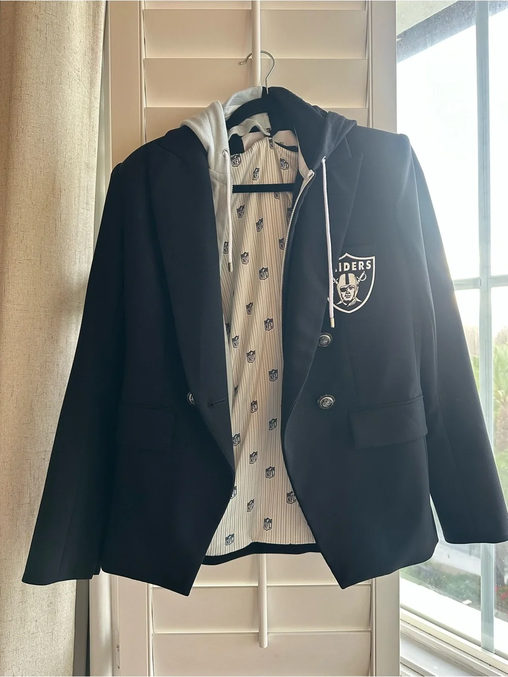 Veronica Beard Black Raiders Blazer with White Hooded Liner and Logo Patch